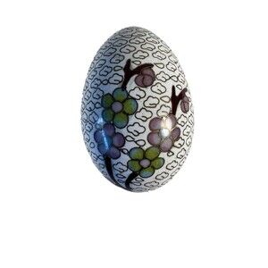 intage Cloisonné Enamel Floral Egg 2.5" White Purple Peony Easter Decor